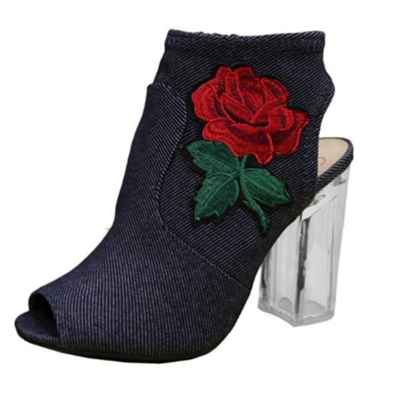 ROXANNE Denim Peep Toe Embroidered Ankle Boots - Picture 1 of 5